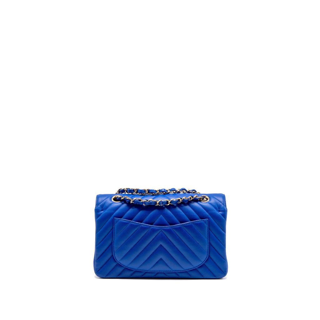 Chanel small classic double flap bag chevron caviar blue GHW