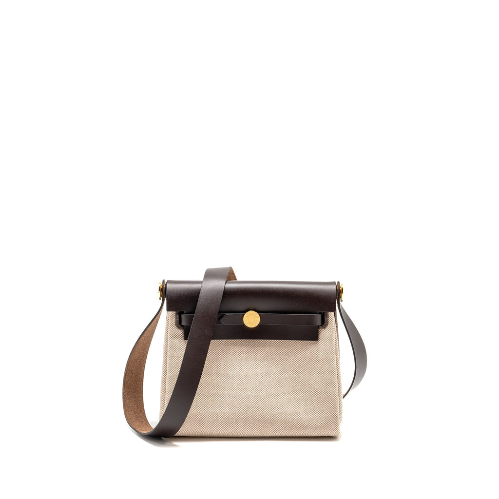 HERMES HERBAGMINI CANVAS/HUNTER LEATHER ECRU-BEIGE/EBENE GHW