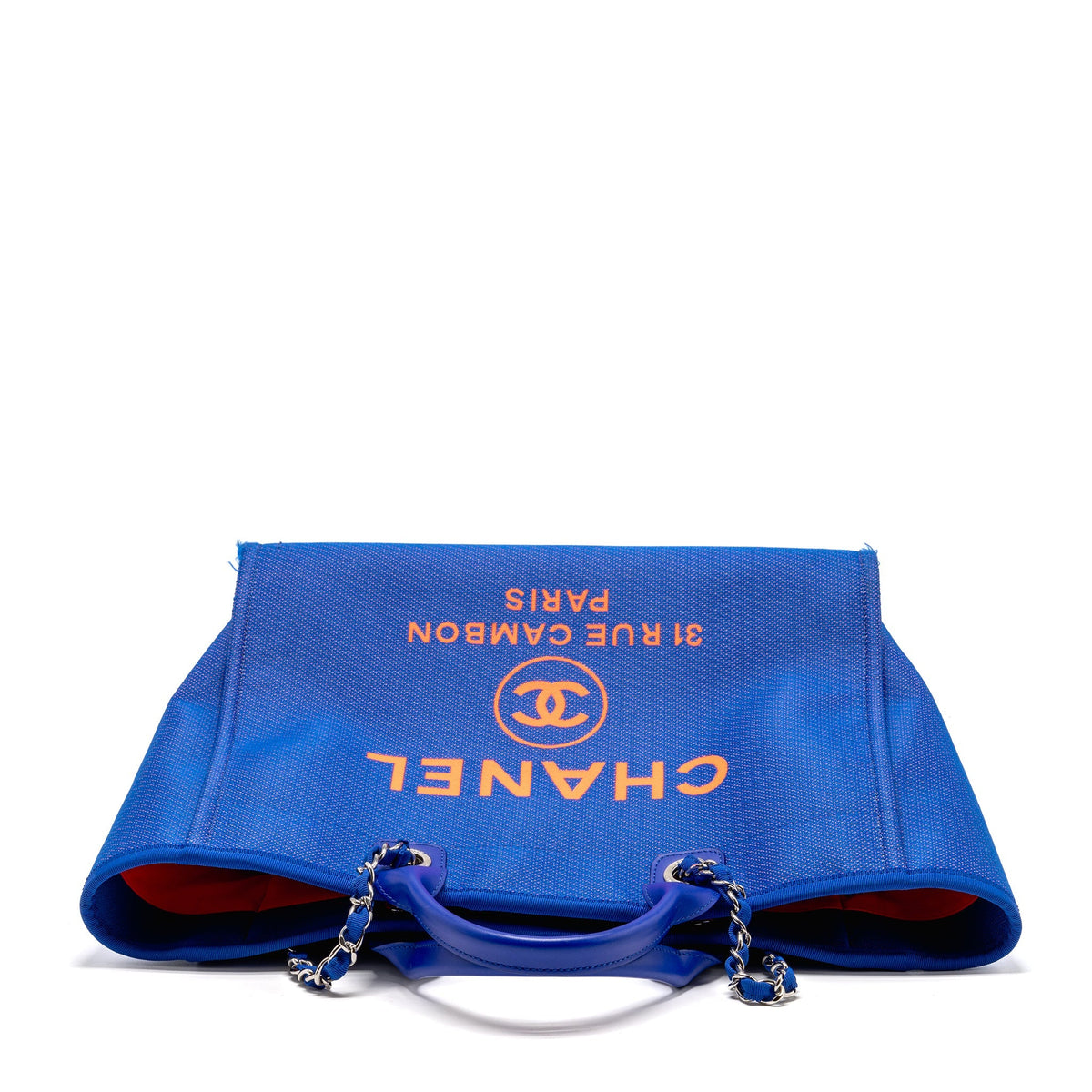 Chanel 21S Large Deauville Tote Shopping Bag Fluorescent Canvas/Leather Blue/Orange SHW