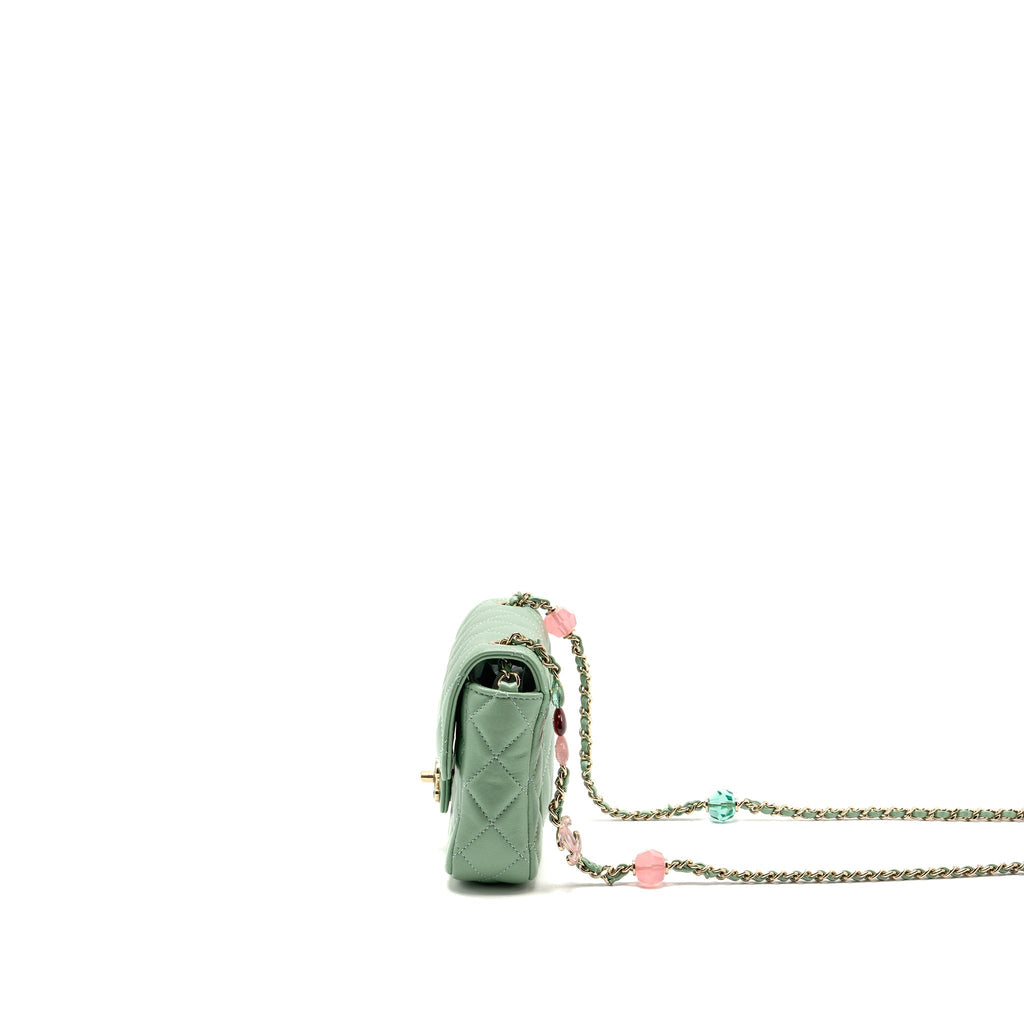 Chanel square flap bag candy heart quilted lambskin light green LGHW (microchip)