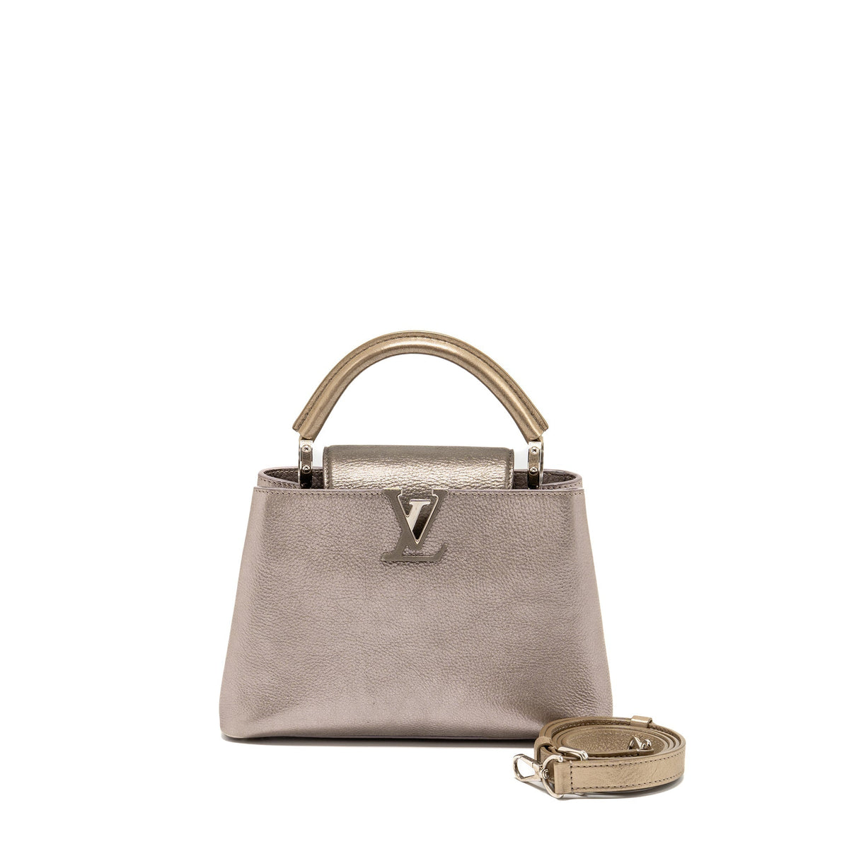 LOUIS VUITTON CAPUCINES BB LEATHER METALLIC SILVER SHW