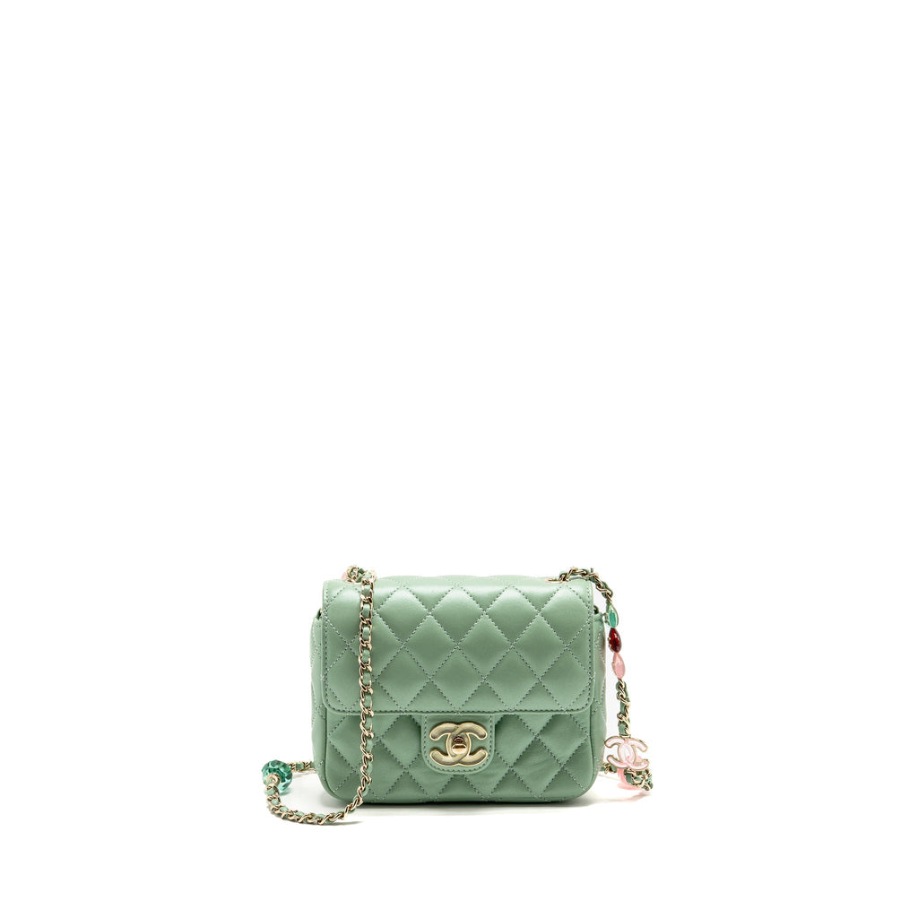 Chanel square flap bag candy heart quilted lambskin light green LGHW (microchip)