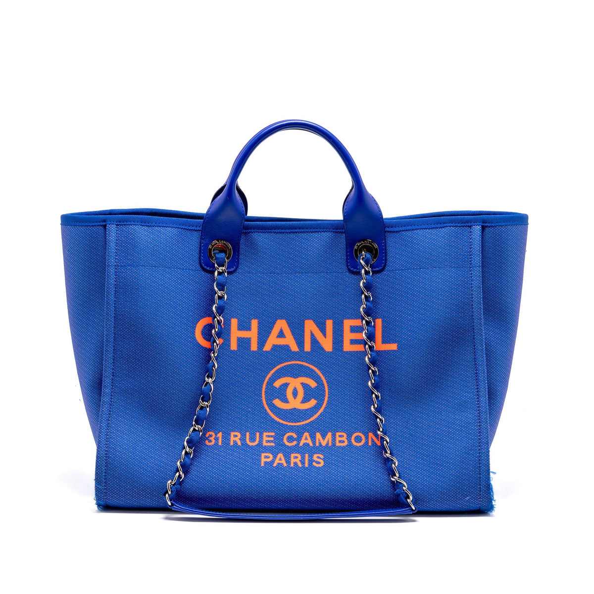 Chanel 21S Large Deauville Tote Shopping Bag Fluorescent Canvas/Leather Blue/Orange SHW