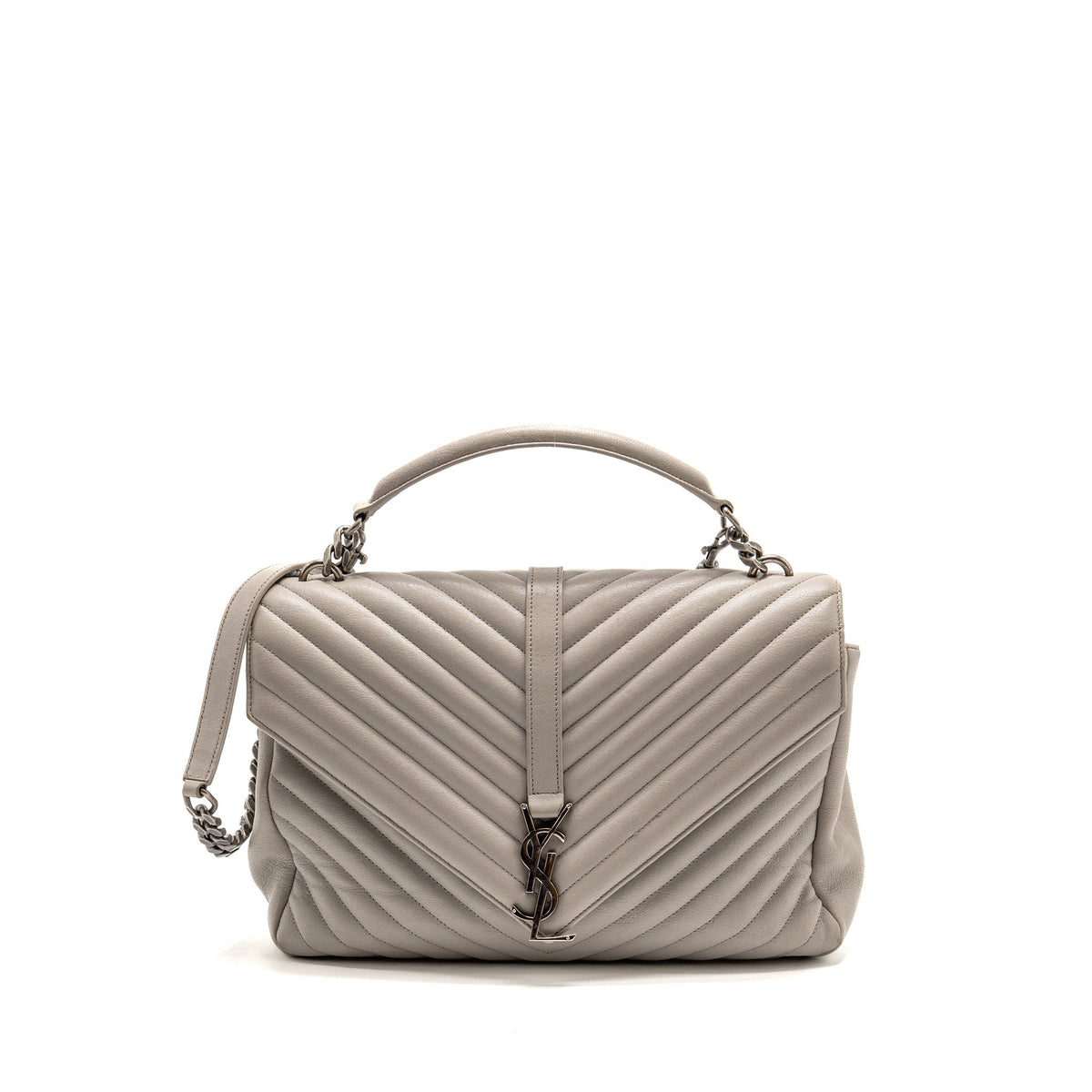 Saint Laurent/YSL Large College Bag Chevron Sheepskin Light Grey SHW