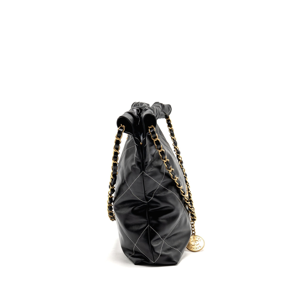 Chanel Small 22 Bag White STITCHING Shiny Calfskin Black GHW (Microchip)