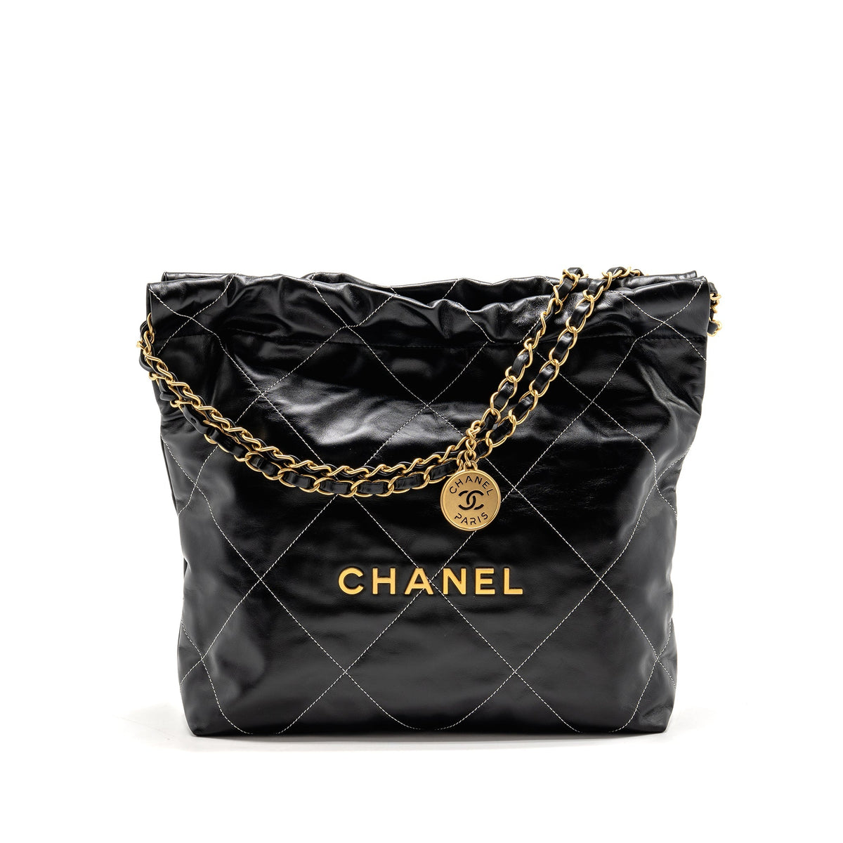 Chanel Small 22 Bag White STITCHING Shiny Calfskin Black GHW (Microchip)