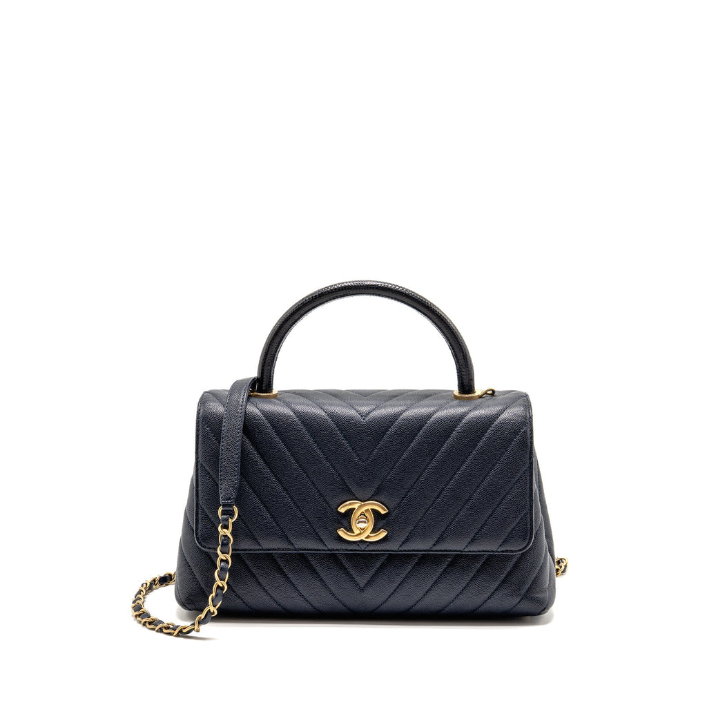 Chanel Medium Chevron Coco Handle Bag Caviar with Lizard Handle Navy GHW