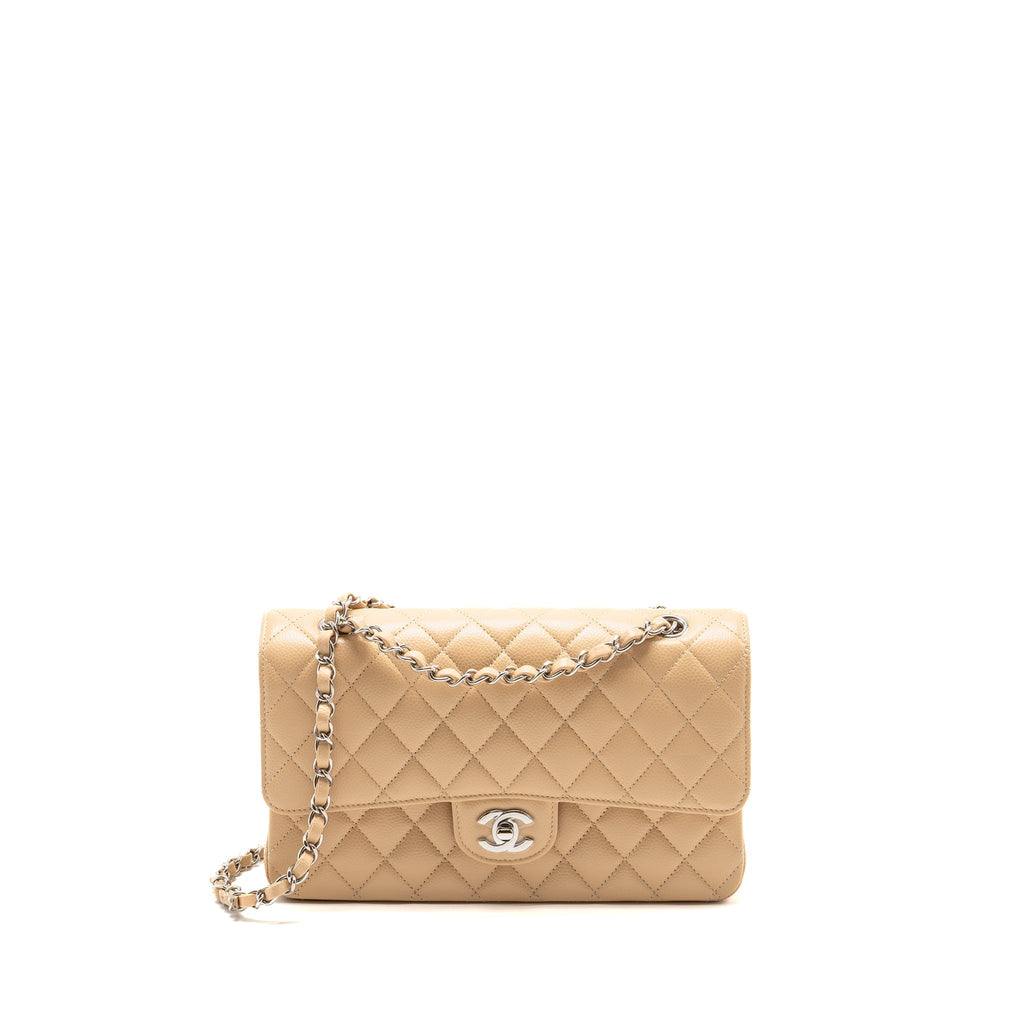 CHANEL MEDIUM CLASSIC DOUBLE FLAP BAG CAVIAR BEIGE SHW (MICROCHIP)
