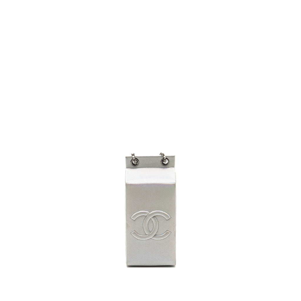Chanel 14K limited edition Minaudiere runway lait de coco milk carton evening chain bag goatskin iridescent silver shiny ruthenium hardware