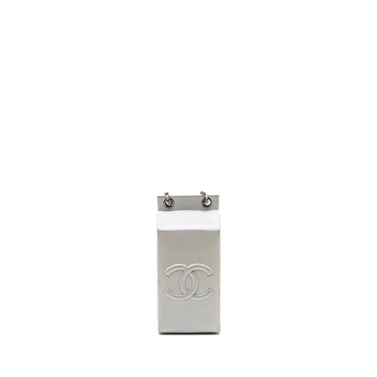Chanel 14K limited edition Minaudiere runway lait de coco milk carton evening chain bag goatskin iridescent silver shiny ruthenium hardware
