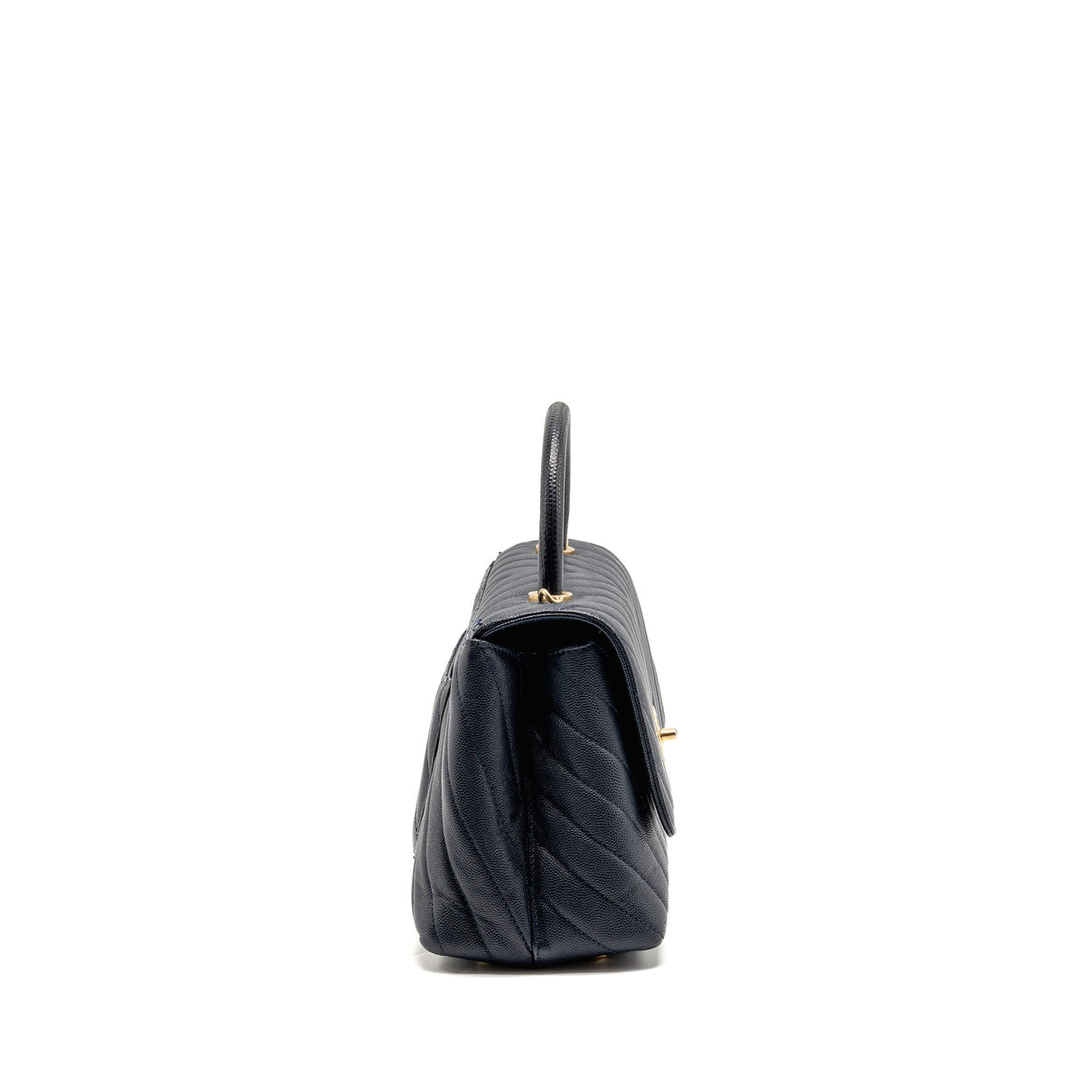 Chanel Medium Chevron Coco Handle Bag Caviar with Lizard Handle Navy GHW
