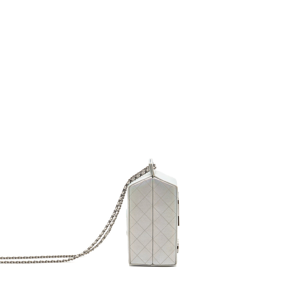 Chanel 14K limited edition Minaudiere runway lait de coco milk carton evening chain bag goatskin iridescent silver shiny ruthenium hardware