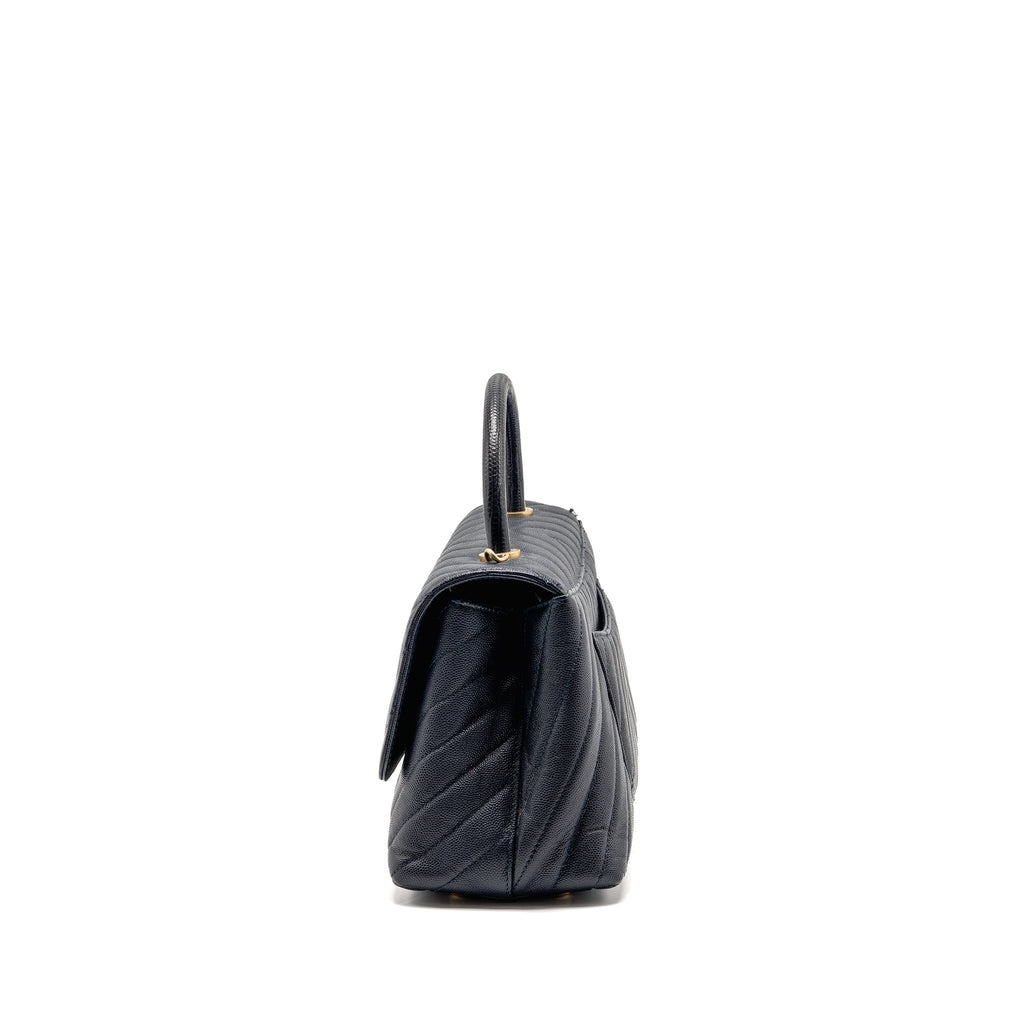 Chanel Medium Chevron Coco Handle Bag Caviar with Lizard Handle Navy GHW