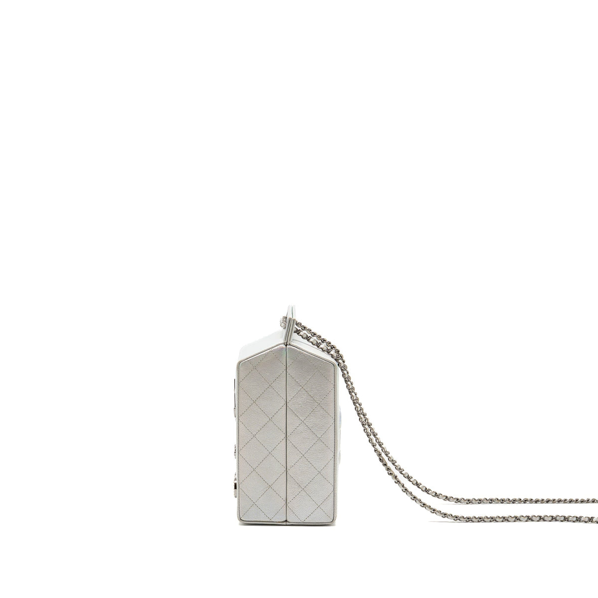 Chanel 14K limited edition Minaudiere runway lait de coco milk carton evening chain bag goatskin iridescent silver shiny ruthenium hardware