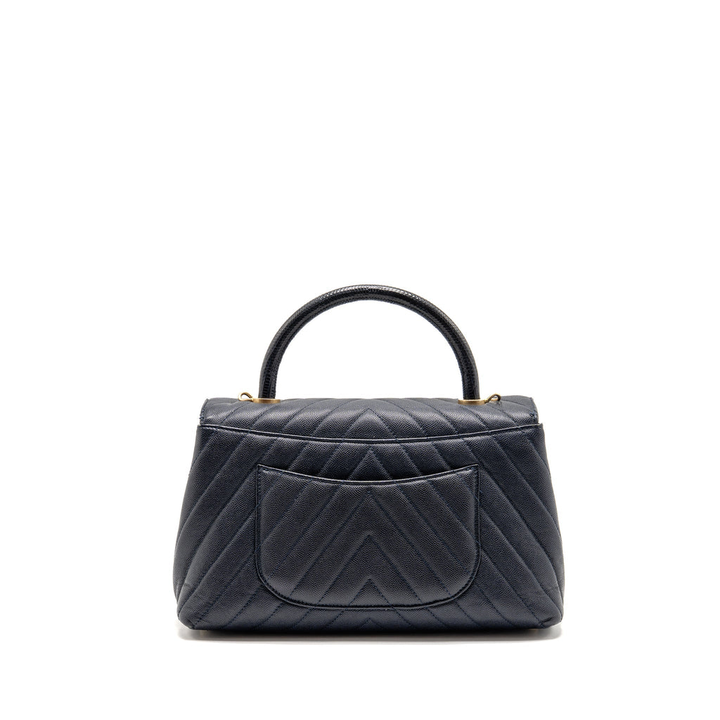 Chanel Medium Chevron Coco Handle Bag Caviar with Lizard Handle Navy GHW