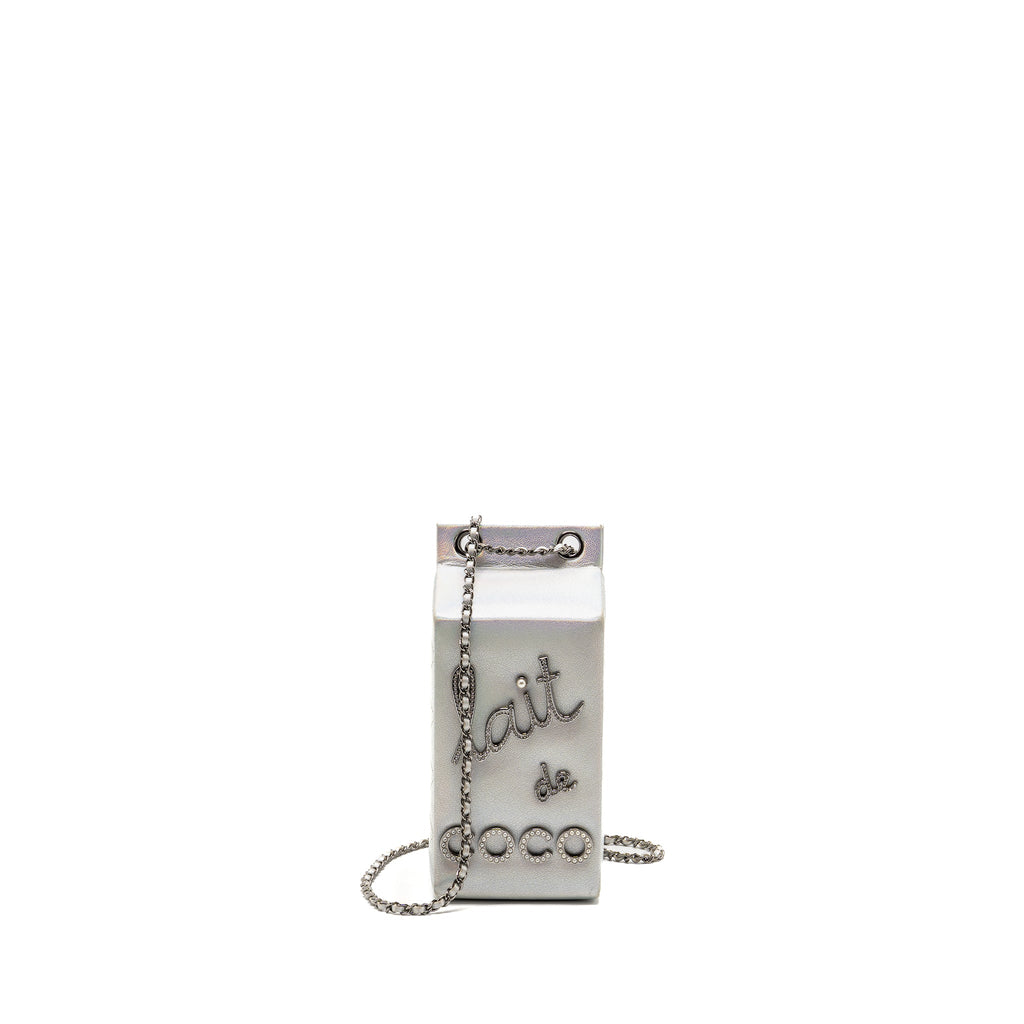 Chanel 14K limited edition Minaudiere runway lait de coco milk carton evening chain bag goatskin iridescent silver shiny ruthenium hardware