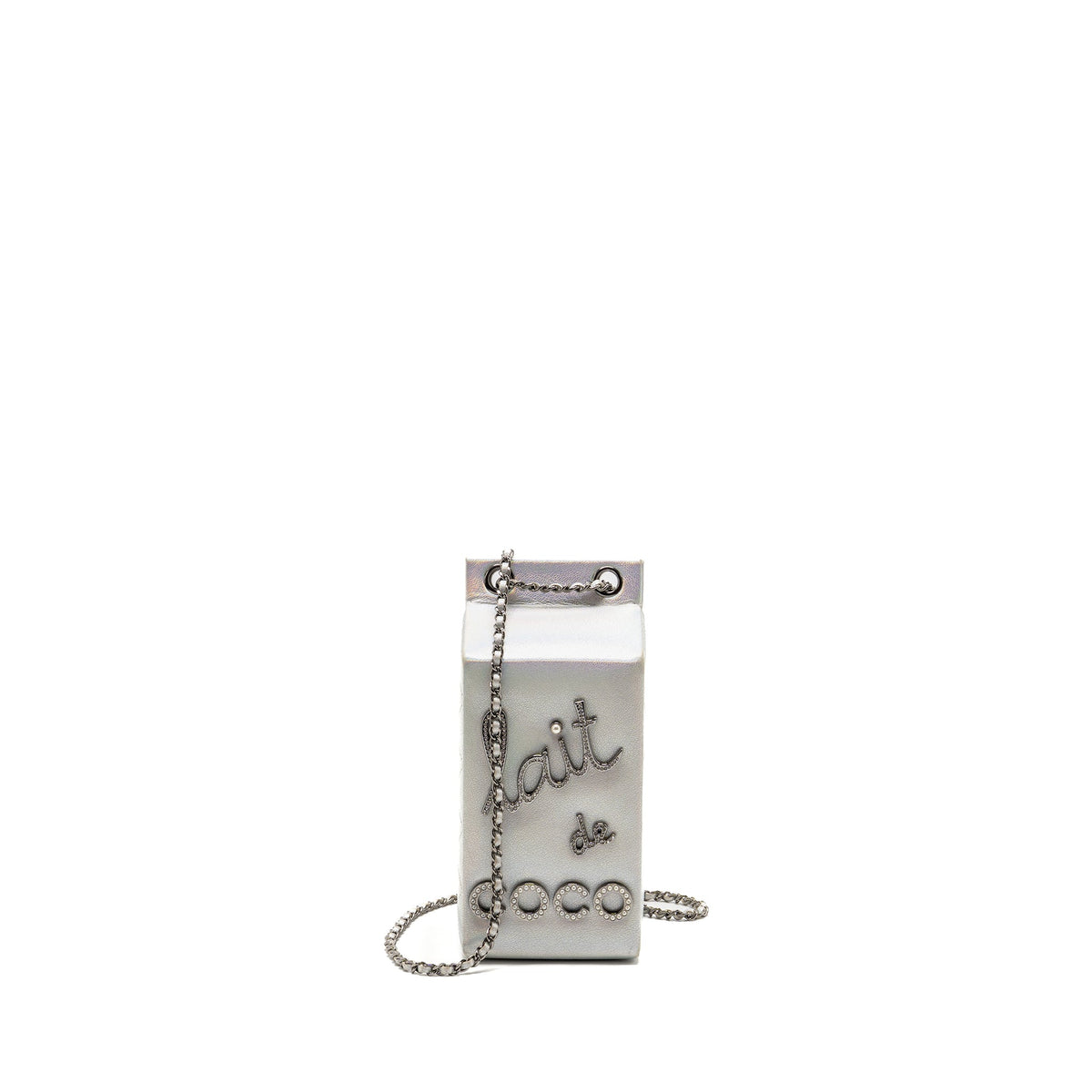 Chanel 14K limited edition Minaudiere runway lait de coco milk carton evening chain bag goatskin iridescent silver shiny ruthenium hardware