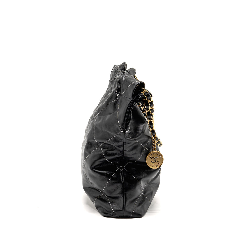 CHANEL MEDIUM 22 BAG WHITE STITCHING CALFSKIN BLACK GHW (MICROCHIP)
