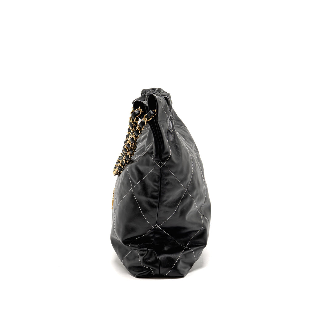 CHANEL MEDIUM 22 BAG WHITE STITCHING CALFSKIN BLACK GHW (MICROCHIP)