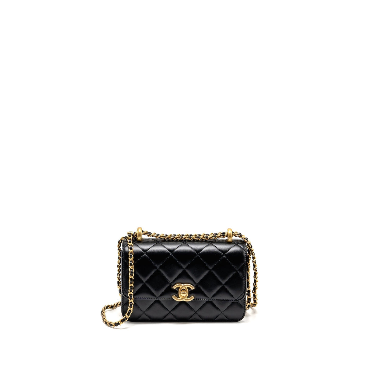 CHANEL GOLD CRUSH MINI FLAP BAG CALFSKIN BLACK GHW (MICROCHIP)