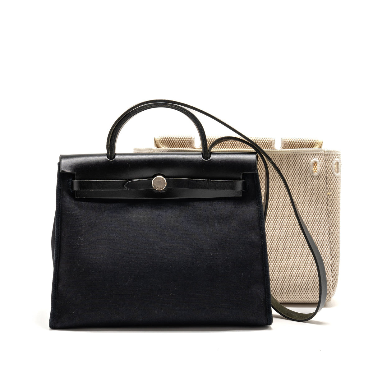 HERMES HERBAG 31 ZIP BAG CANVAS/HUNTER LEATHER BLACK SHW