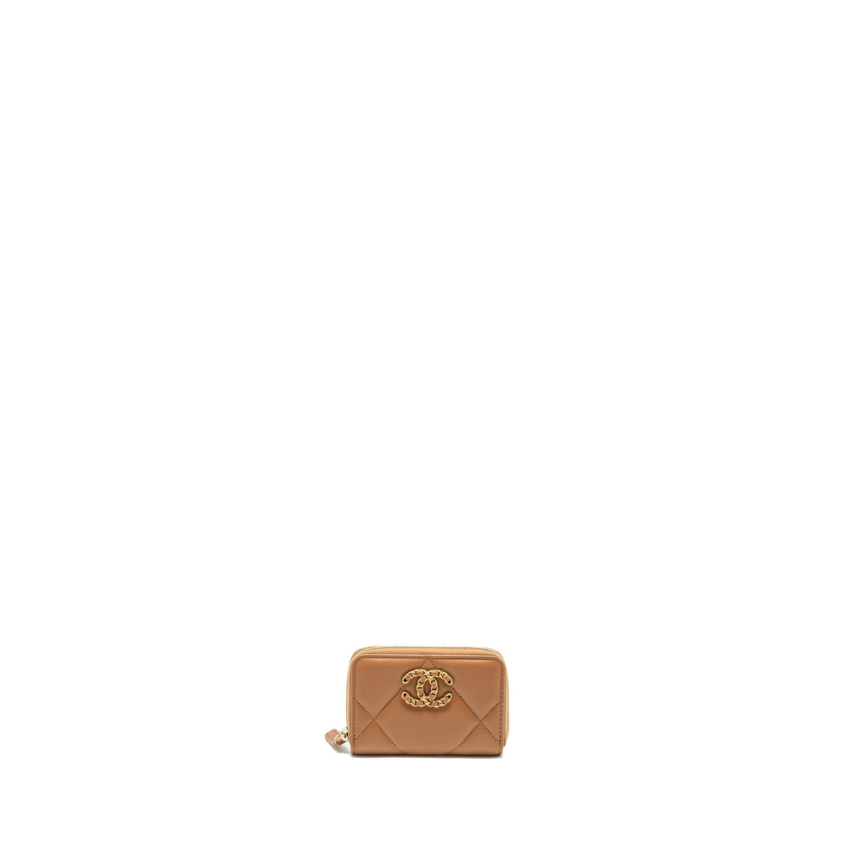 CHANEL 19 ZIP CARD HOLDER LAMBSKIN BEIGE GHW (MICROCHIP)
