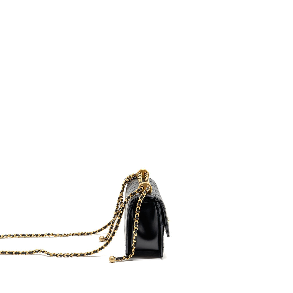 CHANEL GOLD CRUSH MINI FLAP BAG CALFSKIN BLACK GHW (MICROCHIP)