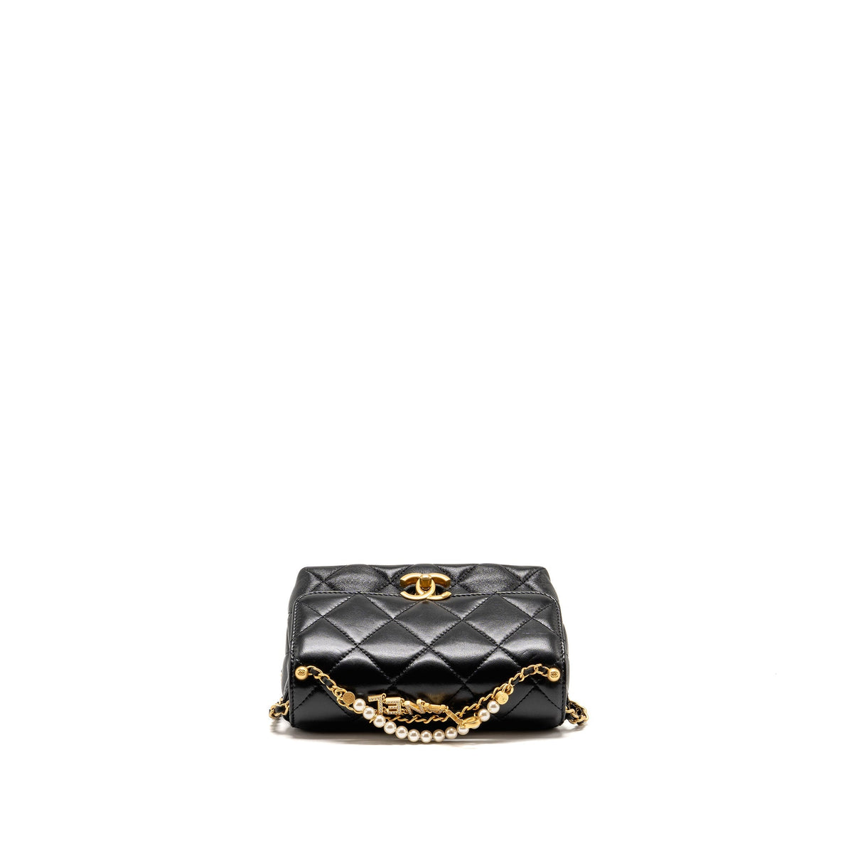 Chanel pearl logo chain quilted flap bag lambskin black GHW (microchip)