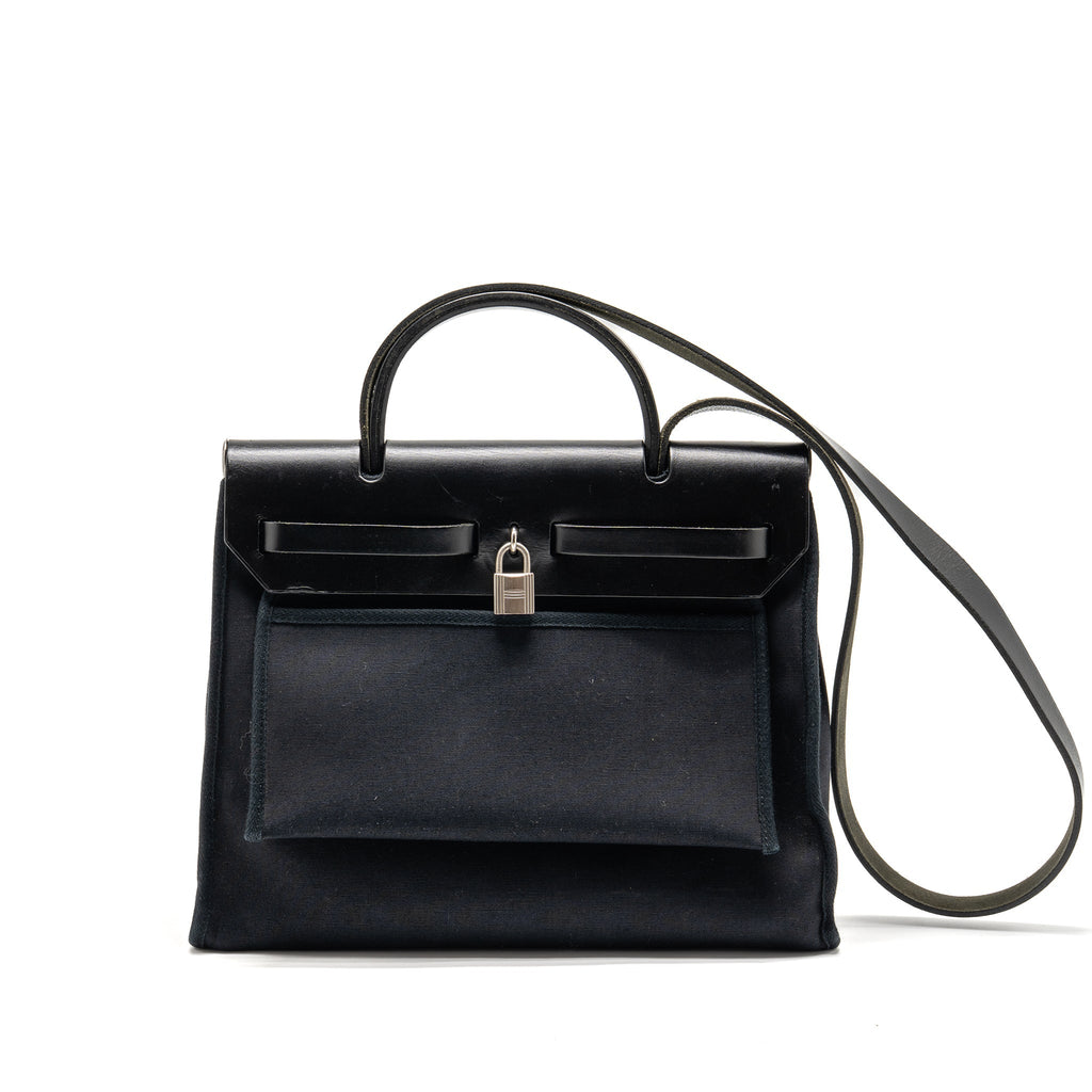 HERMES HERBAG 31 ZIP BAG CANVAS/HUNTER LEATHER BLACK SHW