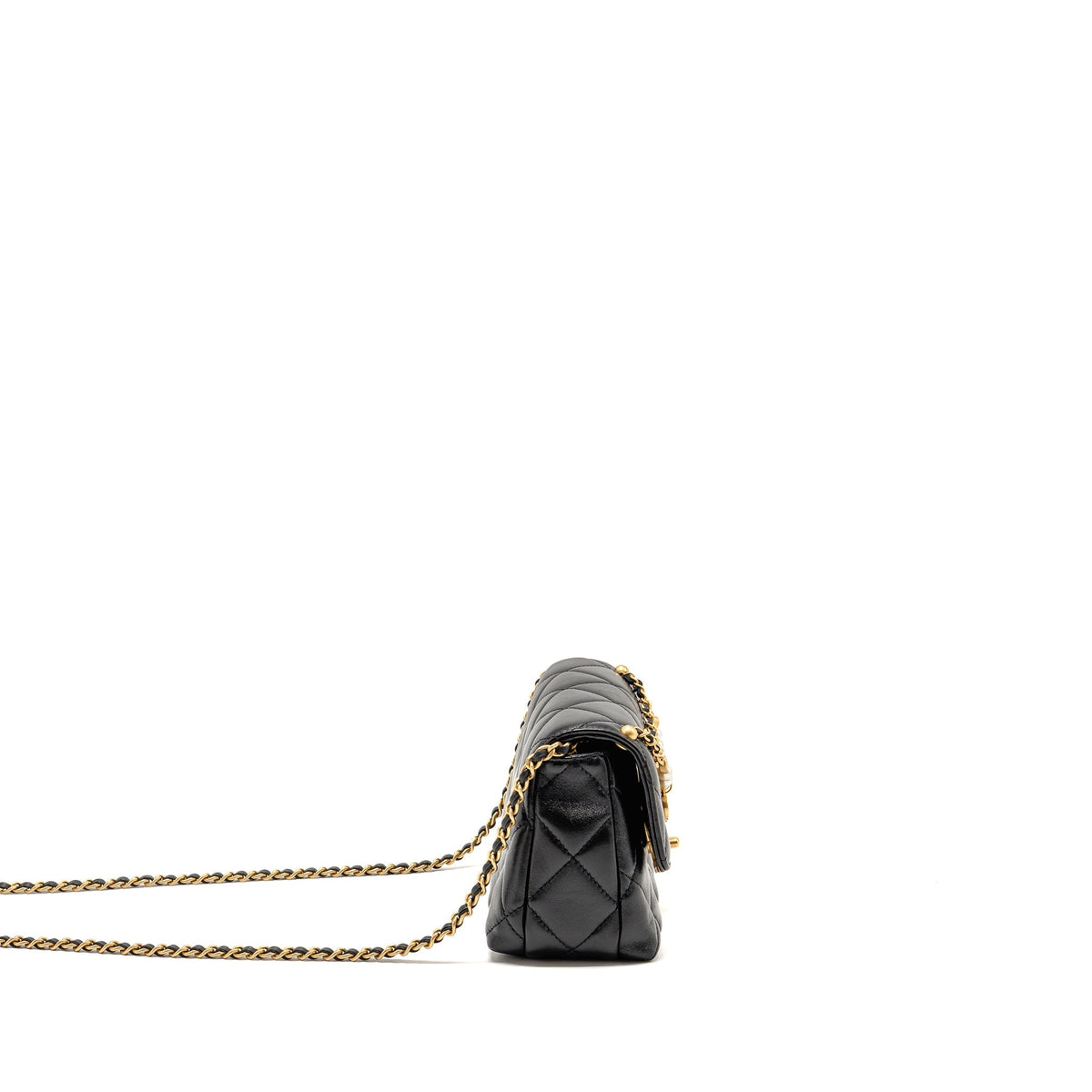 Chanel pearl logo chain quilted flap bag lambskin black GHW (microchip)