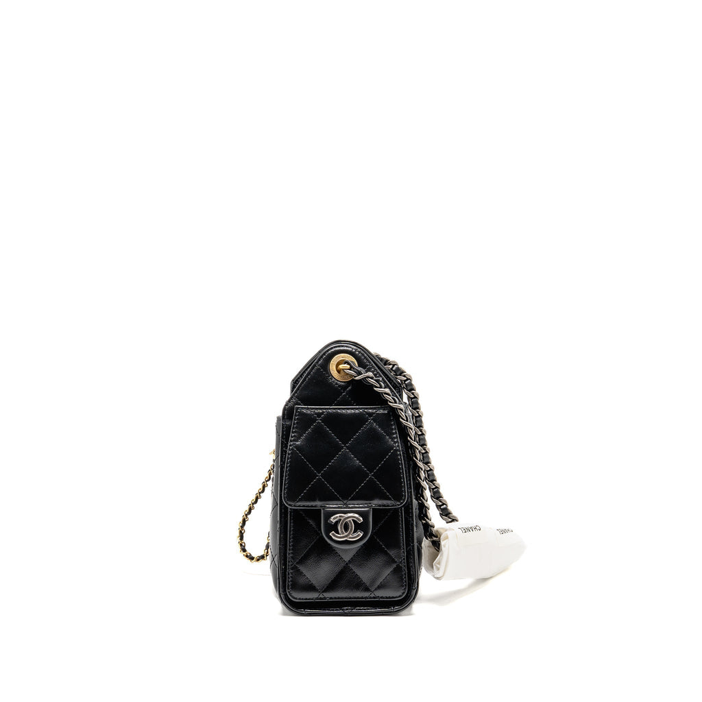 CHANEL MINI 25 BAG AGED CALFSKIN BLACK MULTICOLOUR HARDWARE (MICROCHIP)