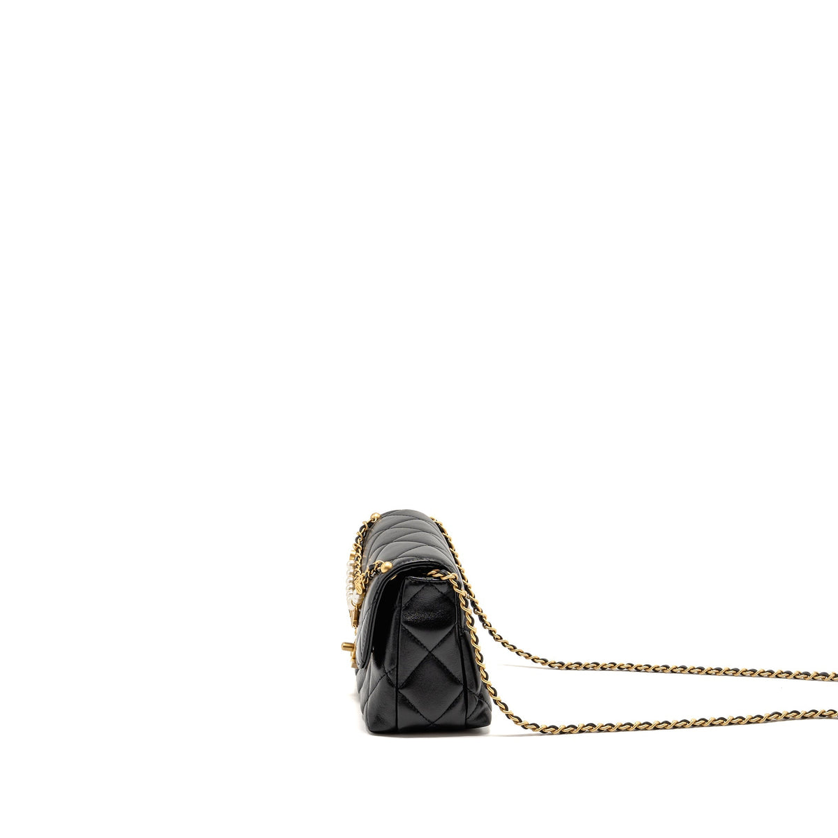 Chanel pearl logo chain quilted flap bag lambskin black GHW (microchip)