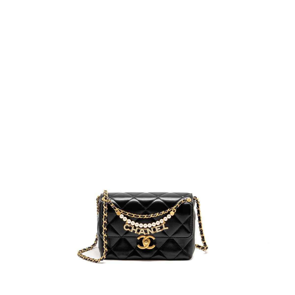 Chanel pearl logo chain quilted flap bag lambskin black GHW (microchip)