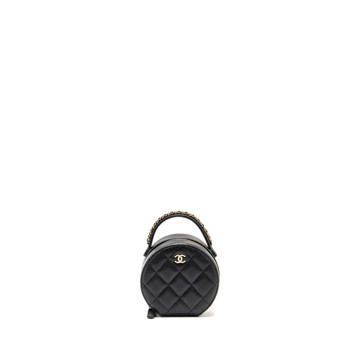 Chanel Top Handle Round Vanity Jewellery Box Caviar Black LGHW (Microchip)