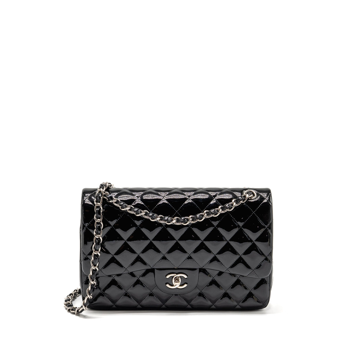 CHANEL JUMBO CLASSIC DOUBLE FLAP BAG PATENT BLACK SHW