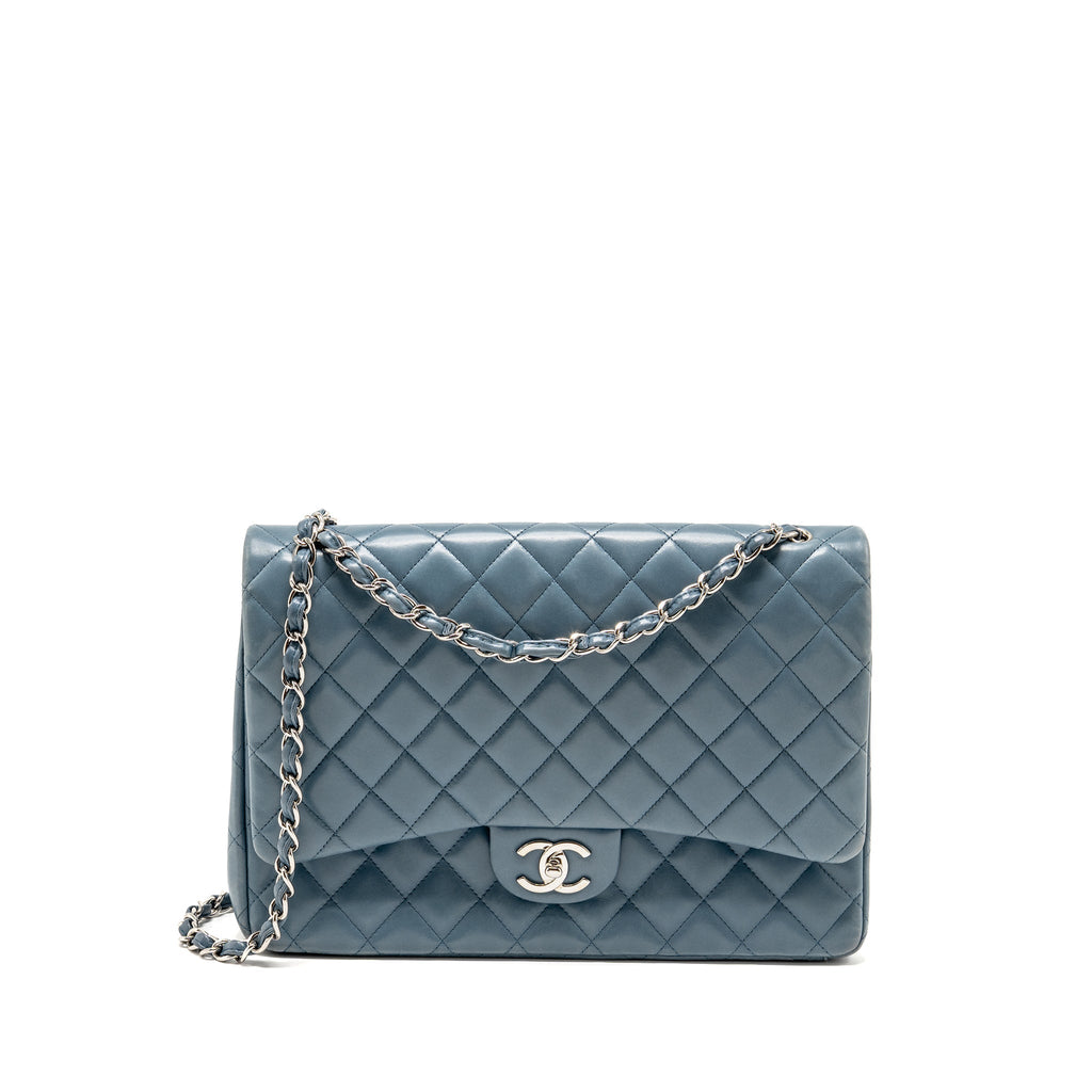 Chanel Classic maxi double flap bag lambskin blue SHW