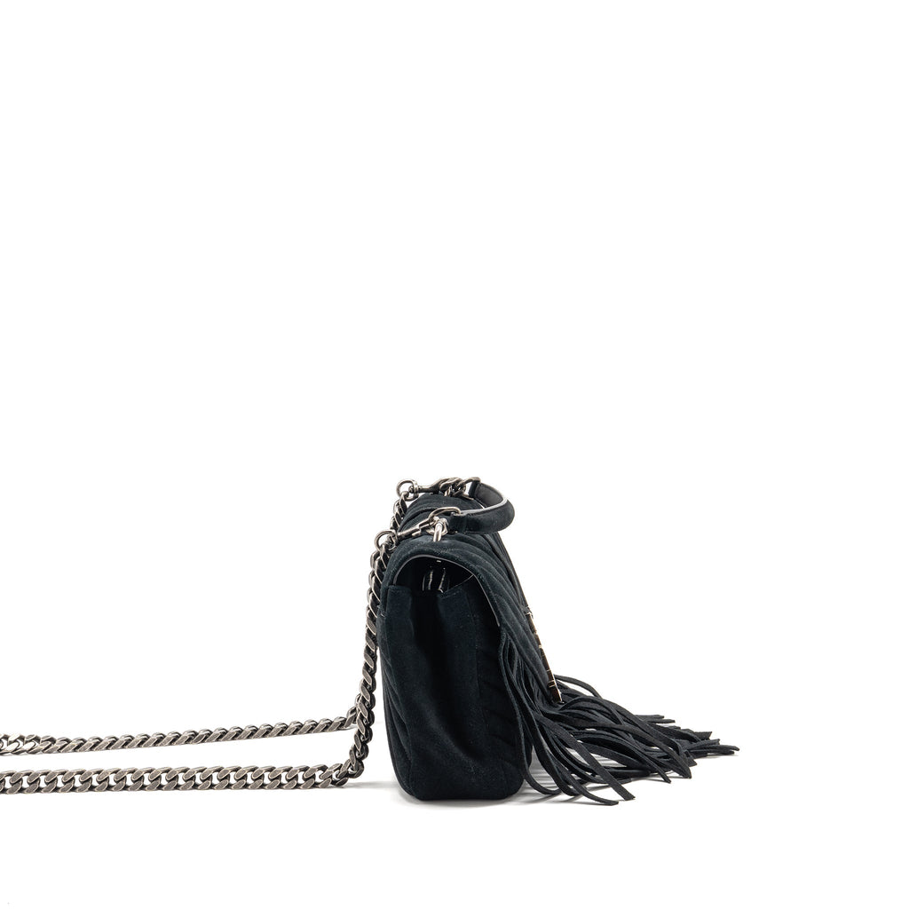 Saint Laurent/YSL Medium Chevron Fringe College Bag Suede Black Ruthenium Hardware