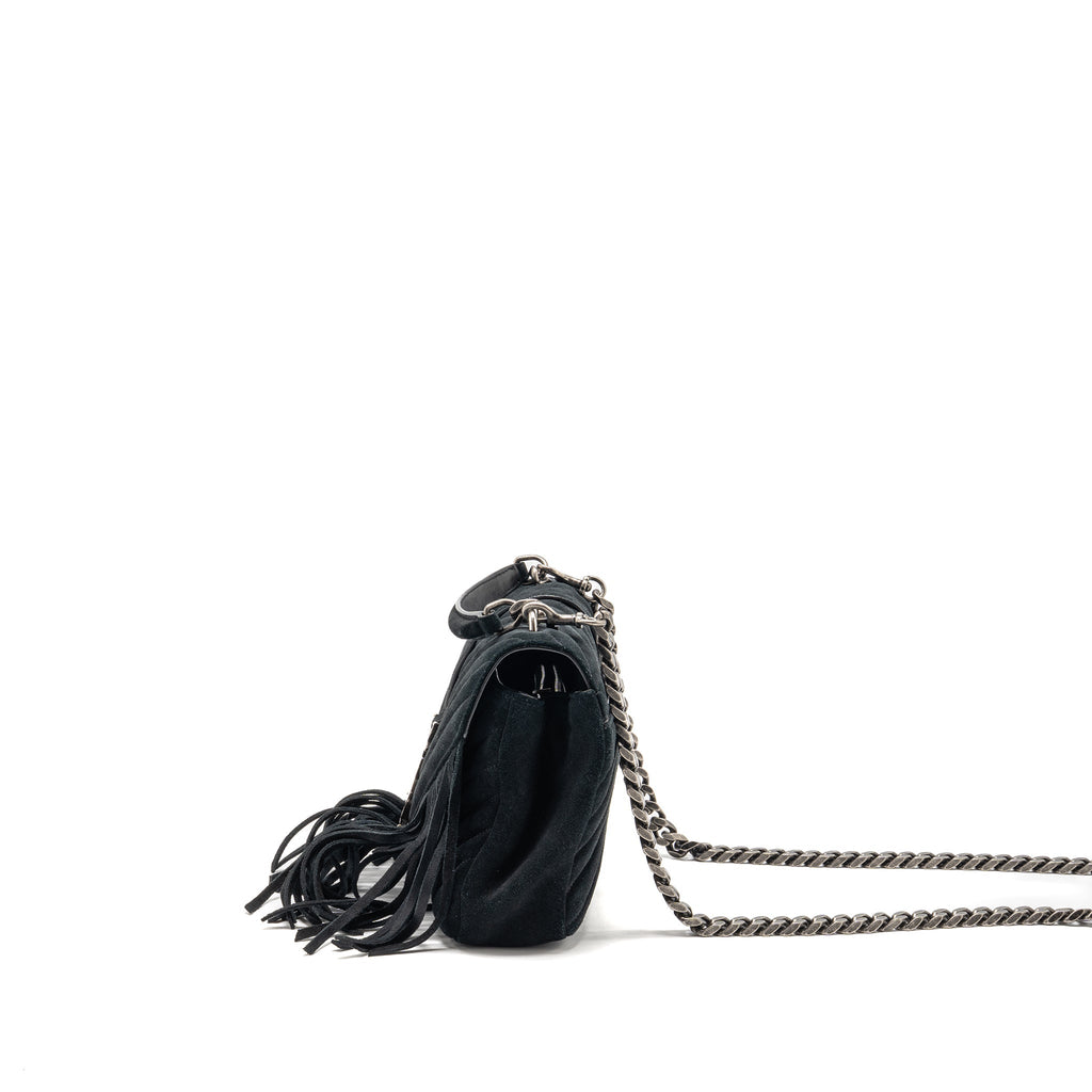 Saint Laurent/YSL Medium Chevron Fringe College Bag Suede Black Ruthenium Hardware