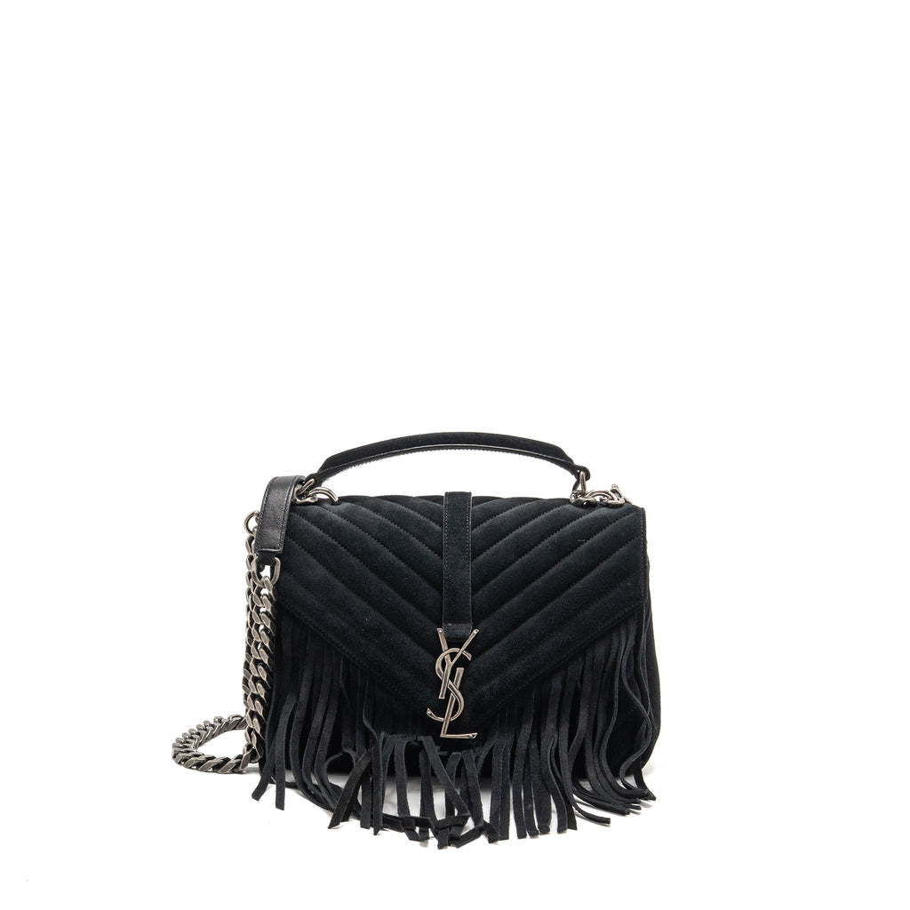 Saint Laurent/YSL Medium Chevron Fringe College Bag Suede Black Ruthenium Hardware