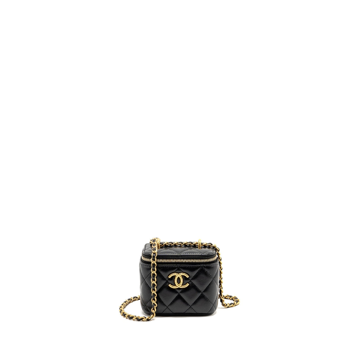 Chanel detail cc logo mini vanity case with chain lambskin black GHW (microchip)