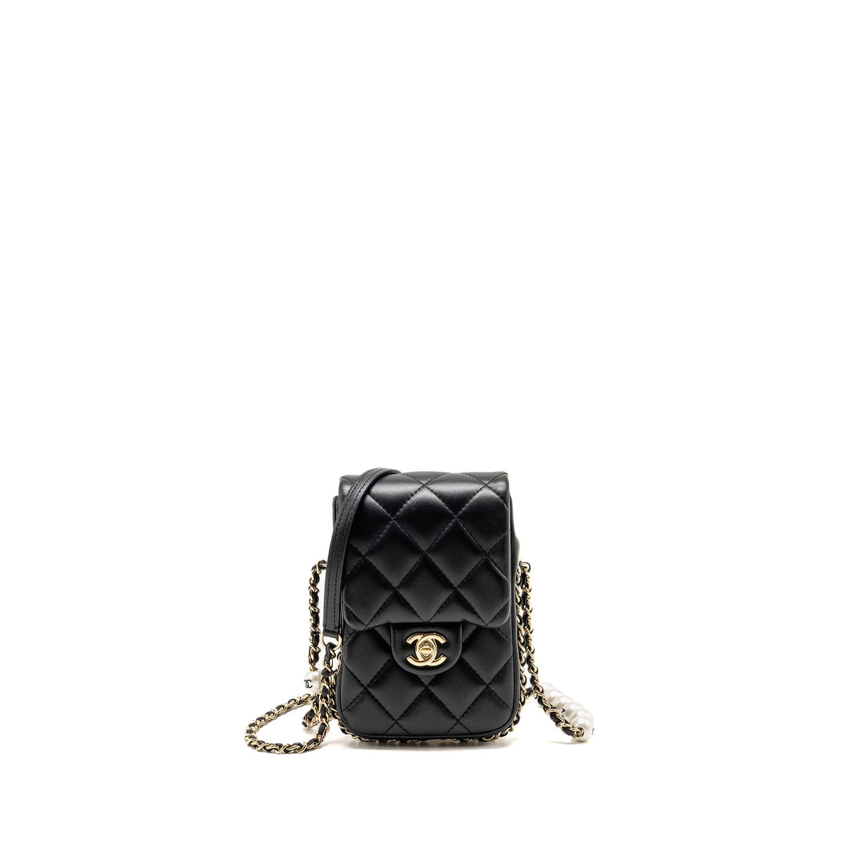 Chanel letter pearl chain mini flap clutch Lambskin black LGHW