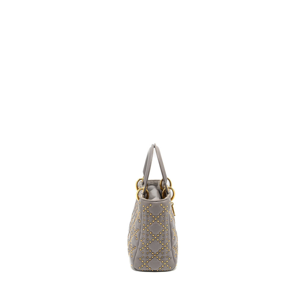 DIOR SMALL SUPPLE LADY DIOR STUDDED CALFSKIN GREY GHW