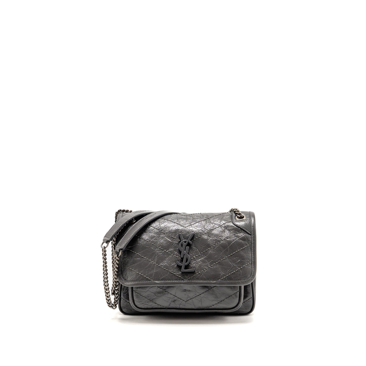 Saint Laurent/YSL Niki Baby Flap Bag Vintage Calfskin Grey Ruthenium Hardware