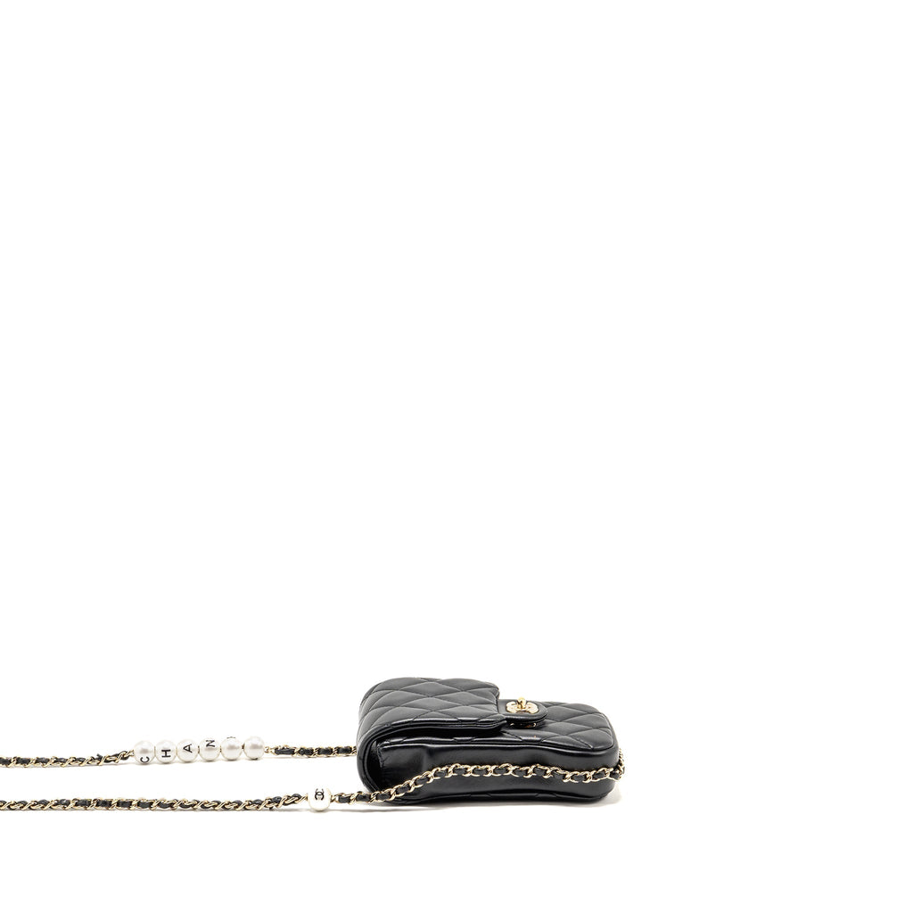 Chanel letter pearl chain mini flap clutch Lambskin black LGHW