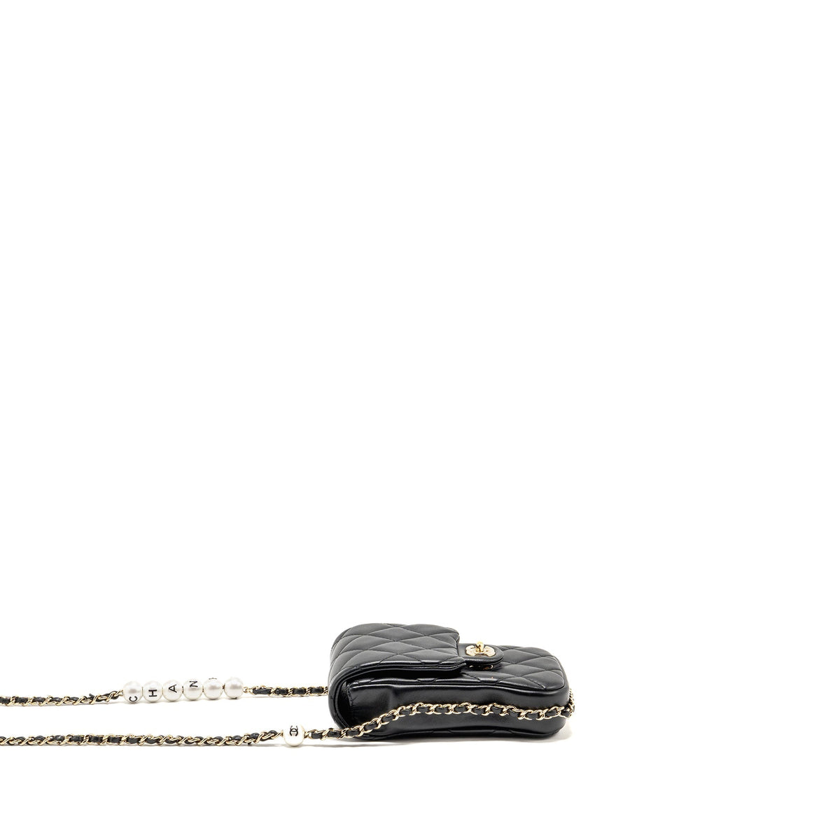 Chanel letter pearl chain mini flap clutch Lambskin black LGHW