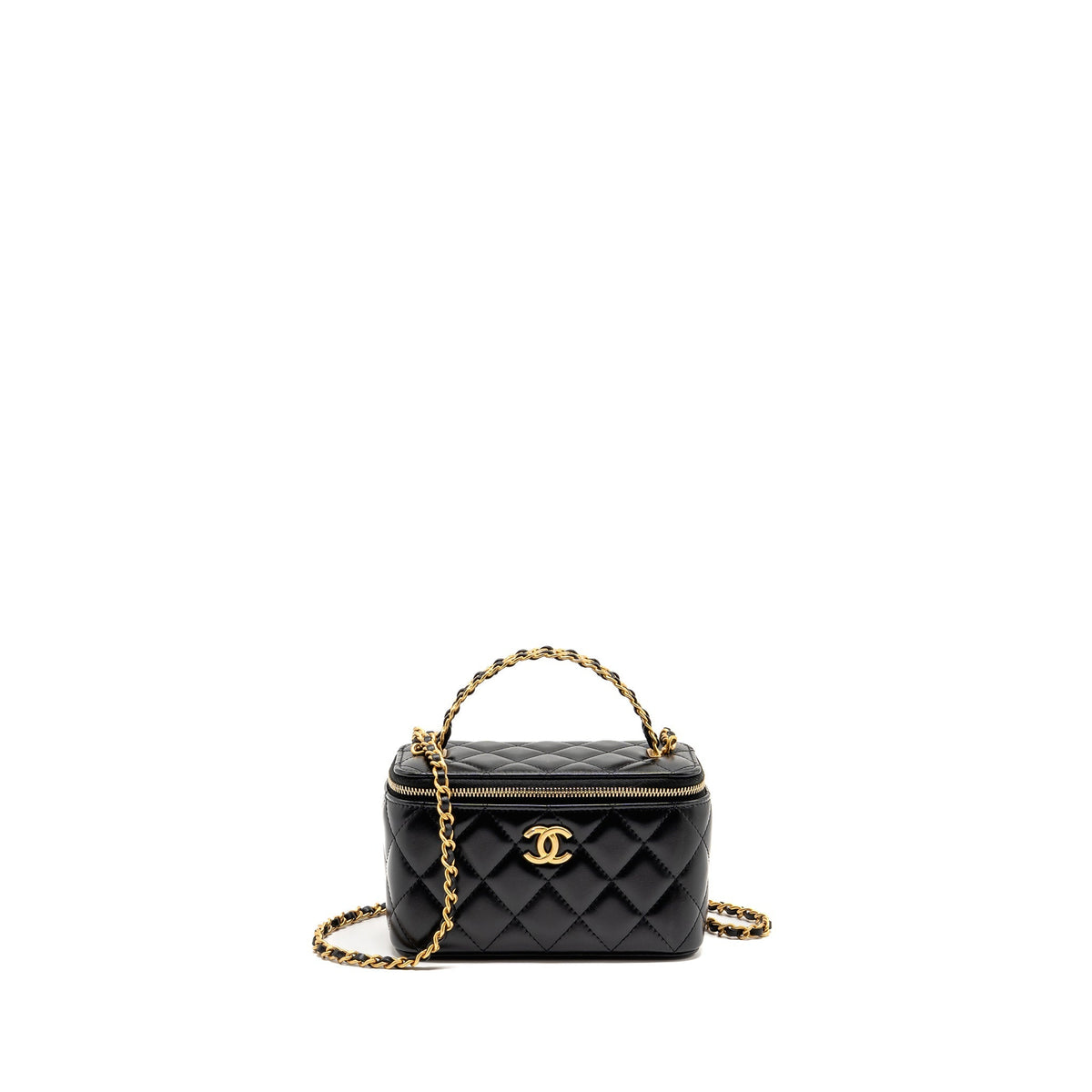 Chanel Letter Logo Detailed Top Handle Long Vanity Shiny Calfskin Black GHW (Microchip)