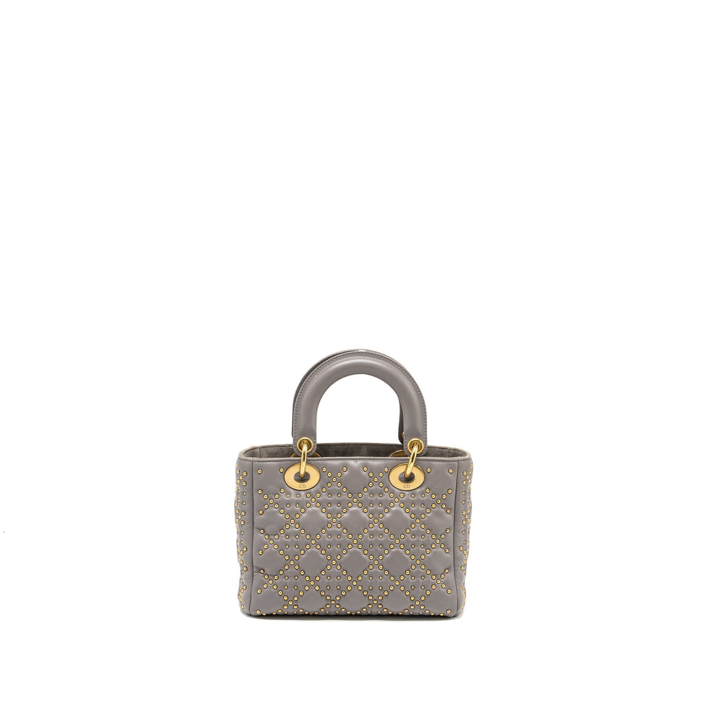 DIOR SMALL SUPPLE LADY DIOR STUDDED CALFSKIN GREY GHW
