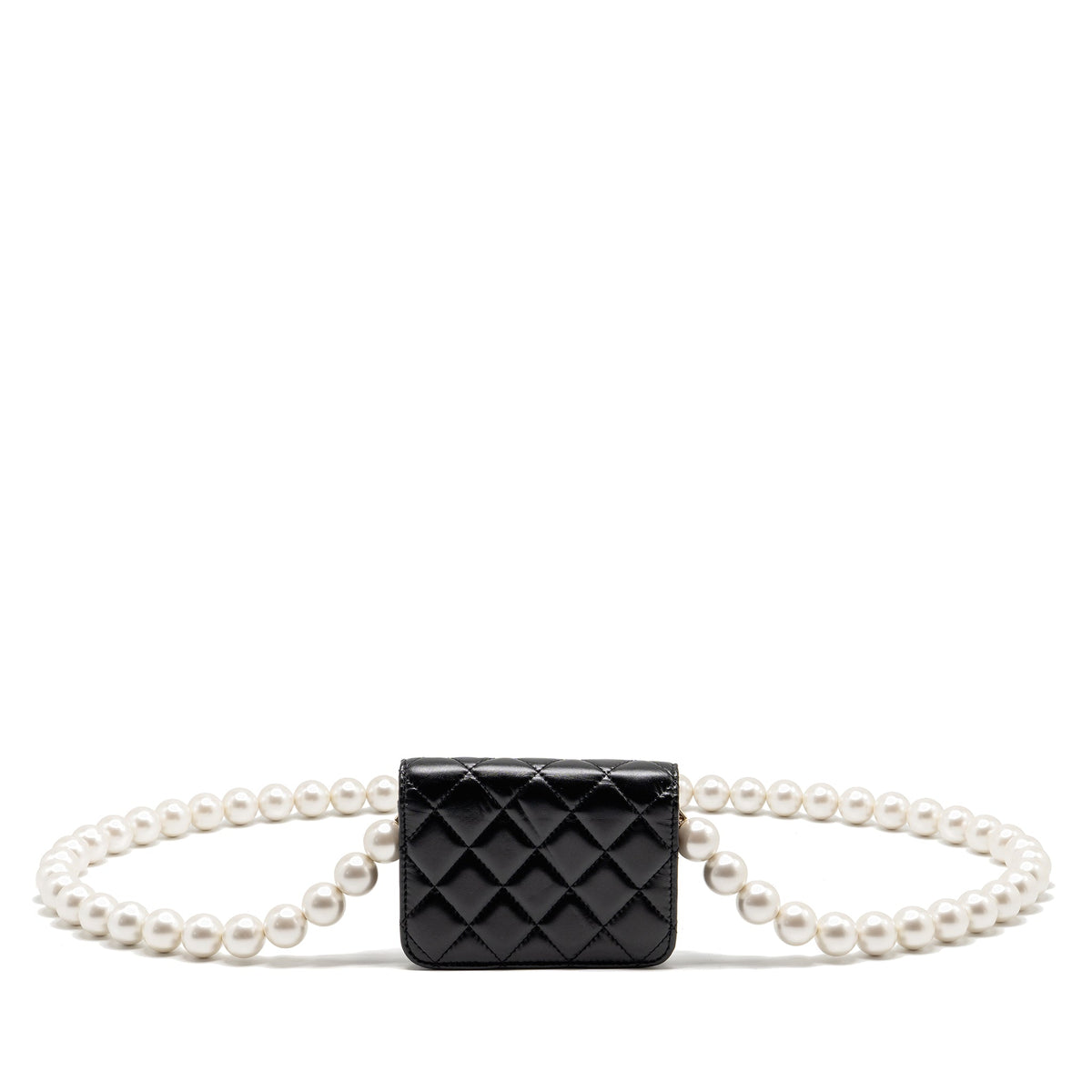 CHANEL CARD HOLDER WITH MAXI PEARLS CHAIN LAMBSKIN BLACK LGHW