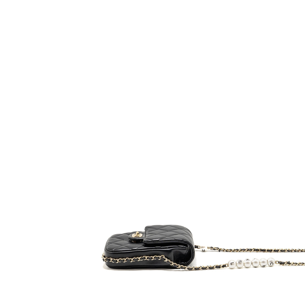 Chanel letter pearl chain mini flap clutch Lambskin black LGHW