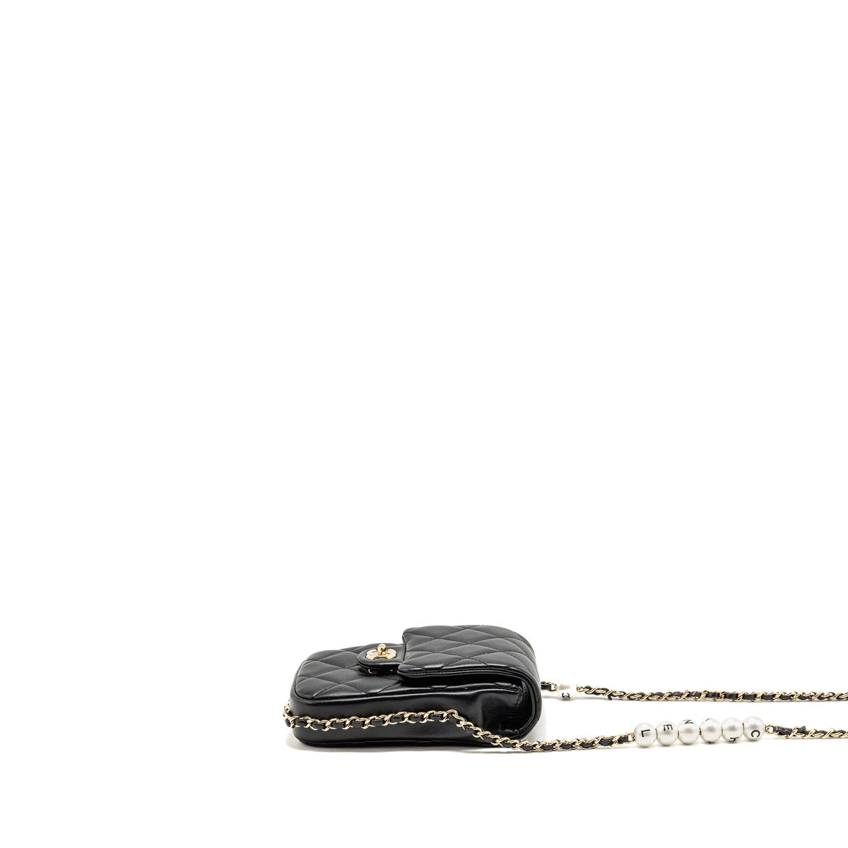 Chanel letter pearl chain mini flap clutch Lambskin black LGHW